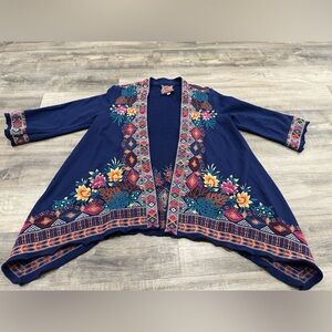 Johnny Was Quinn Draped Embroidered  Cardigan | Navy Floral Open Front Kimono
